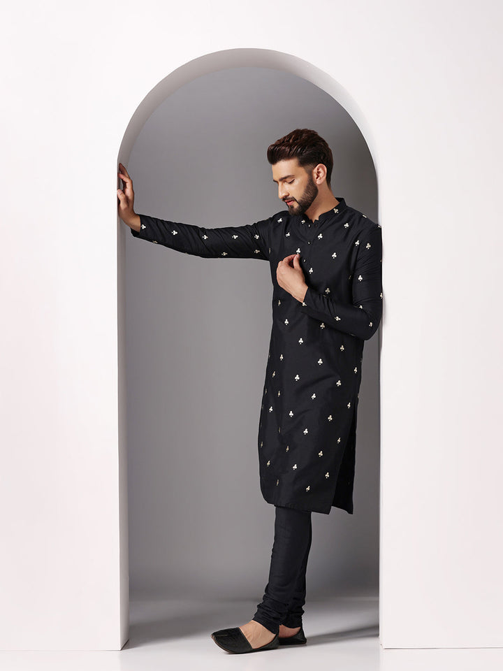 Black Embroidered Kurta Churidar Set | SHOBITAM