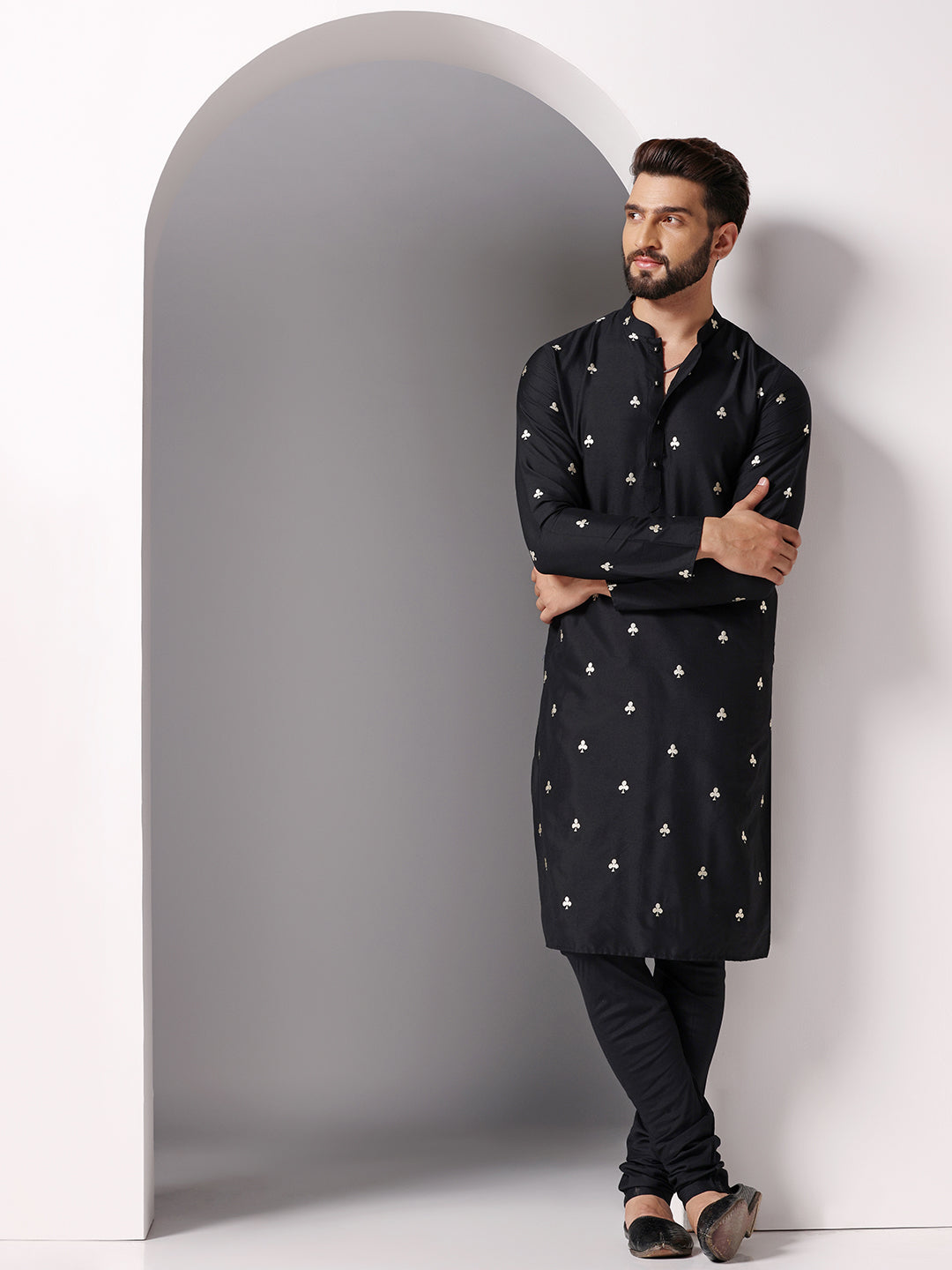 Black Embroidered Kurta Churidar Set | SHOBITAM