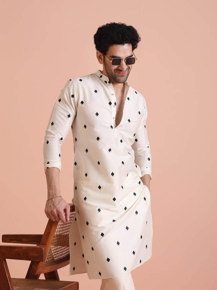 White Silk Blend Black Embroidered Kurta | SHOBITAM