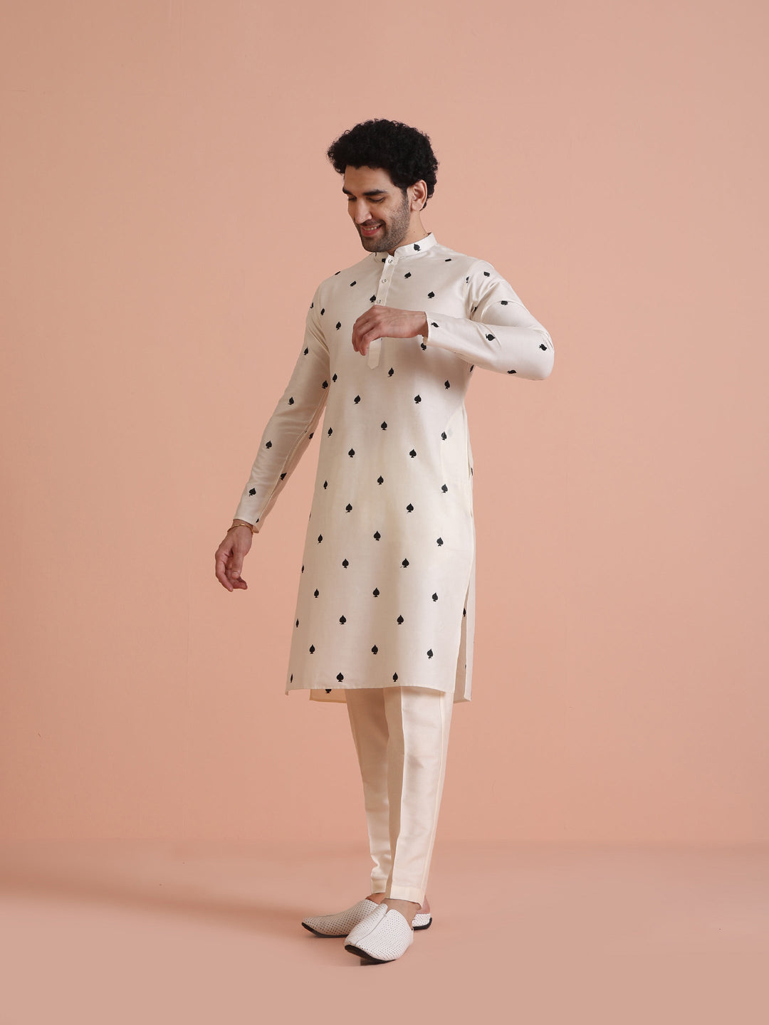 White Silk Blend Black Embroidered Kurta | SHOBITAM
