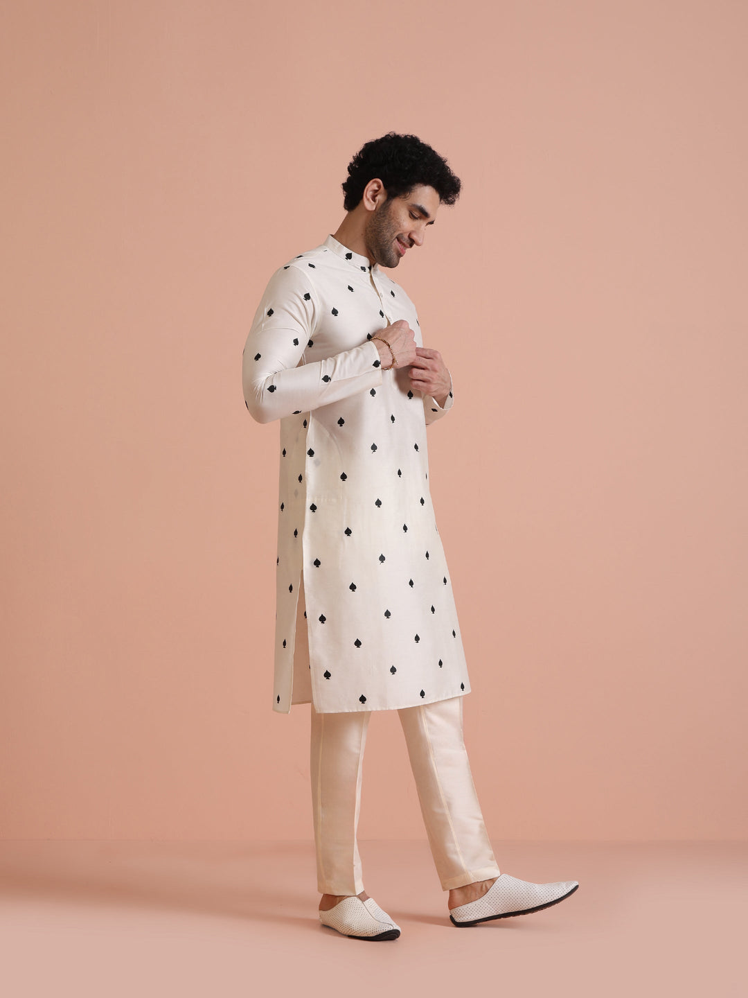 White Silk Blend Black Embroidered Kurta | SHOBITAM