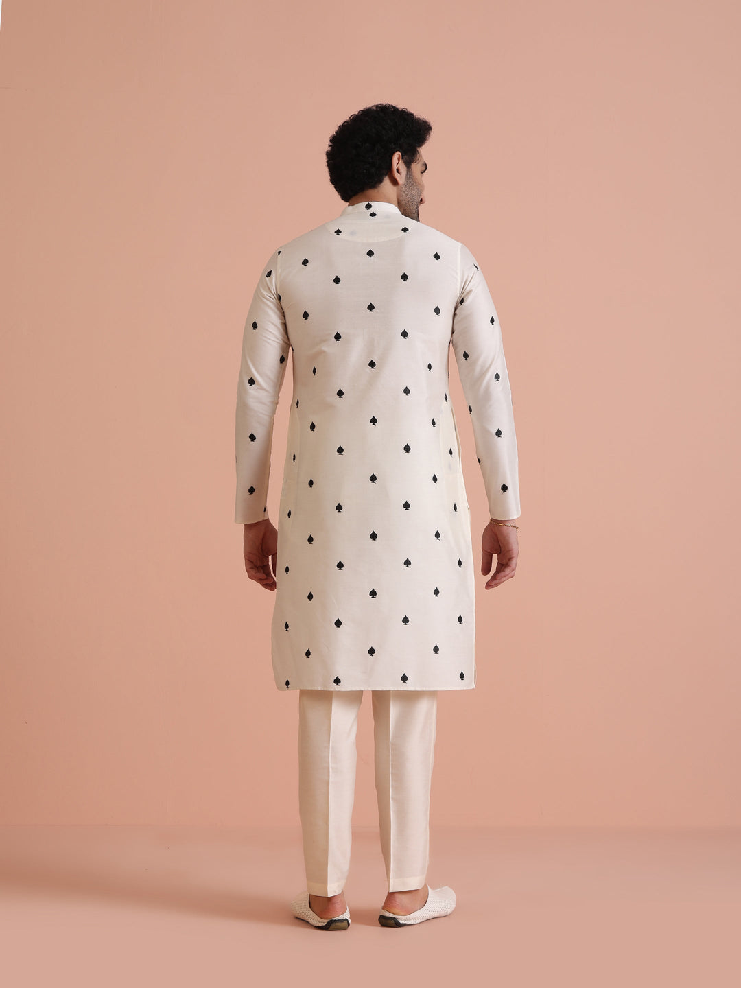White Silk Blend Black Embroidered Kurta | SHOBITAM