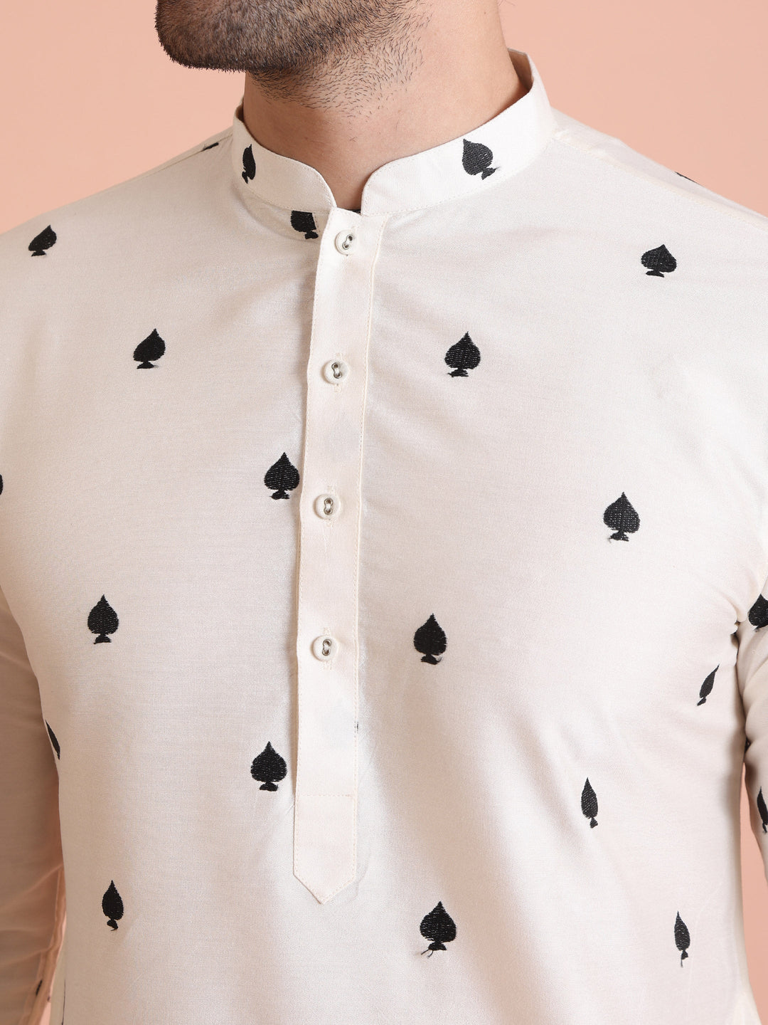 White Silk Blend Black Embroidered Kurta | SHOBITAM