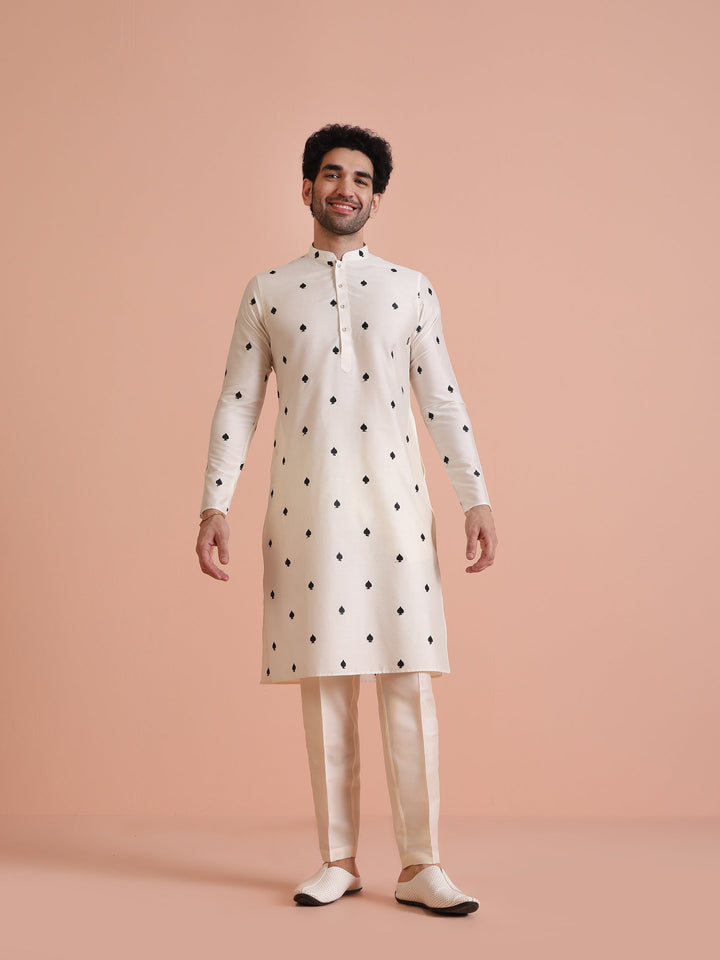 White Silk Blend Black Embroidered Kurta | SHOBITAM