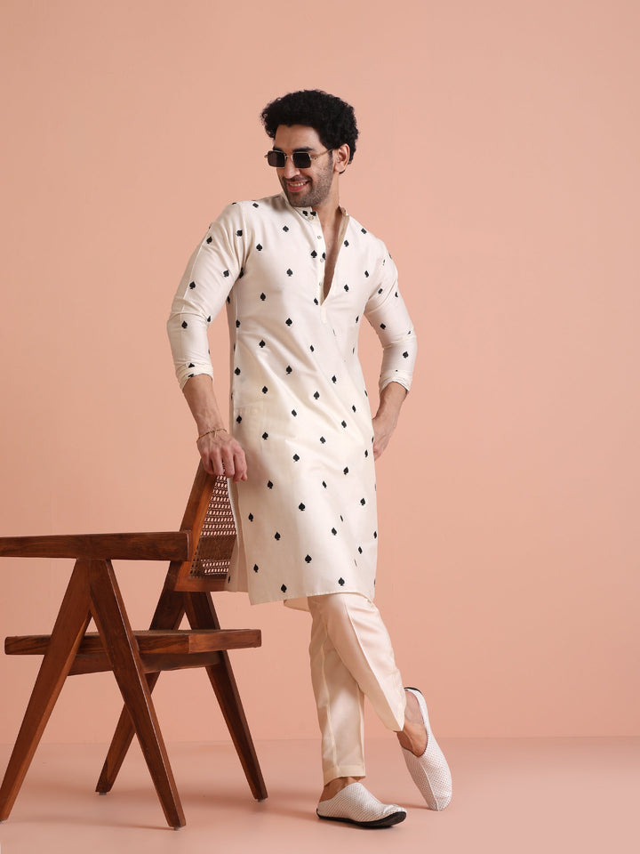 White Silk Blend Black Embroidered Kurta | SHOBITAM