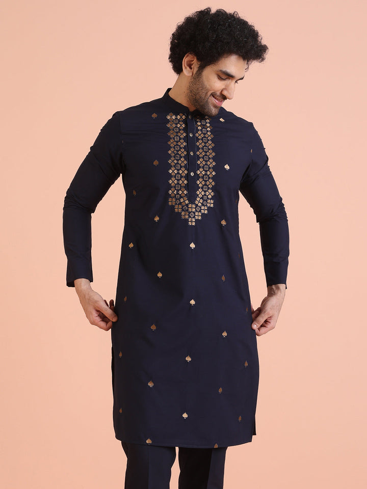 Navy Blue Cotton Silk Embroidered Long Kurta | SHOBITAM