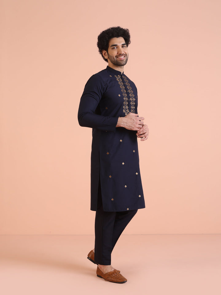 Navy Blue Cotton Silk Embroidered Long Kurta | SHOBITAM