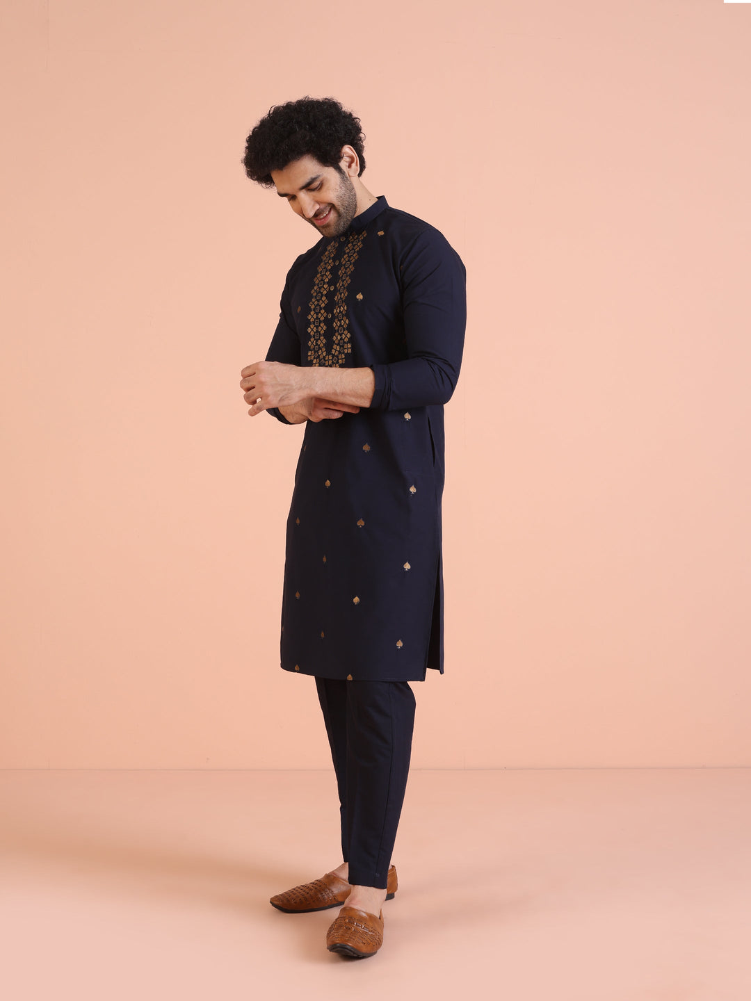 Navy Blue Cotton Silk Embroidered Long Kurta | SHOBITAM