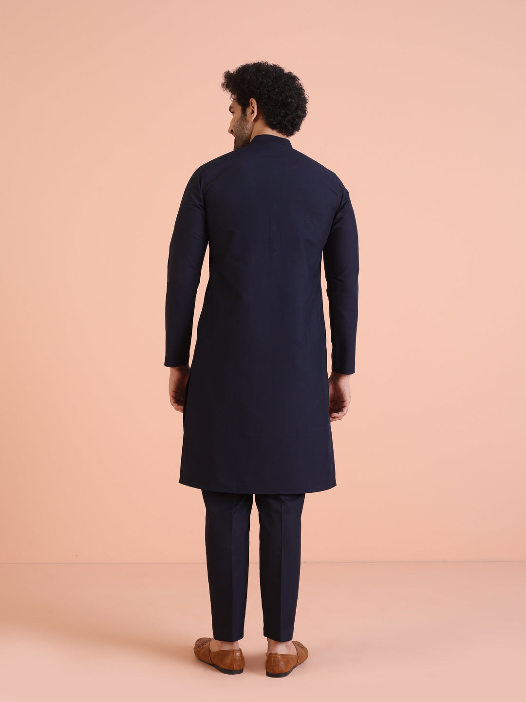 Navy Blue Cotton Silk Embroidered Long Kurta | SHOBITAM
