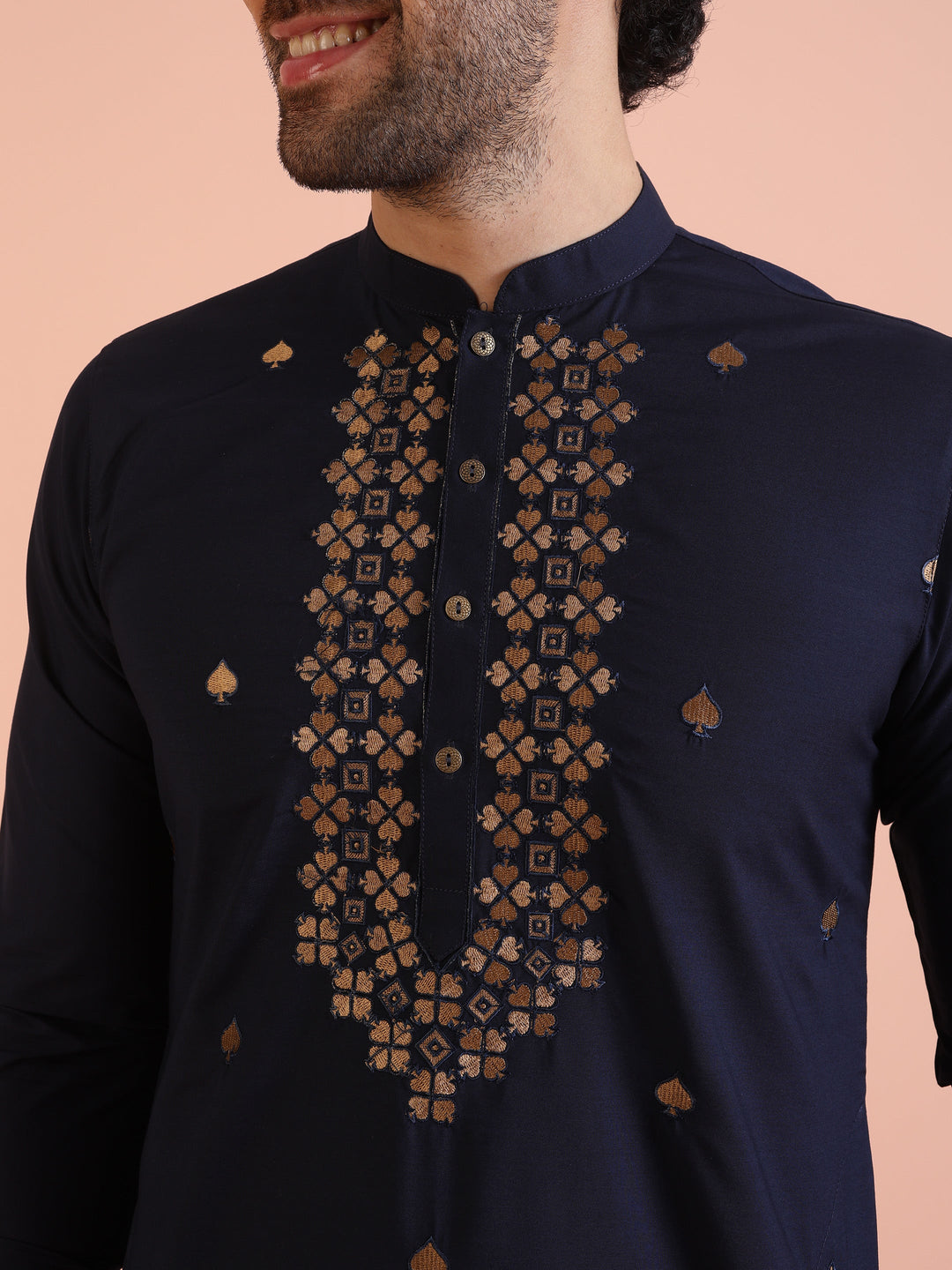 Navy Blue Cotton Silk Embroidered Long Kurta | SHOBITAM