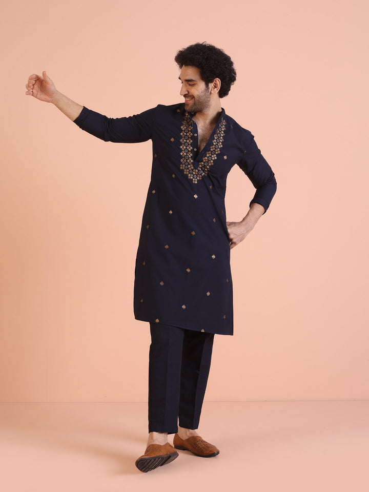 Navy Blue Cotton Silk Embroidered Long Kurta | SHOBITAM