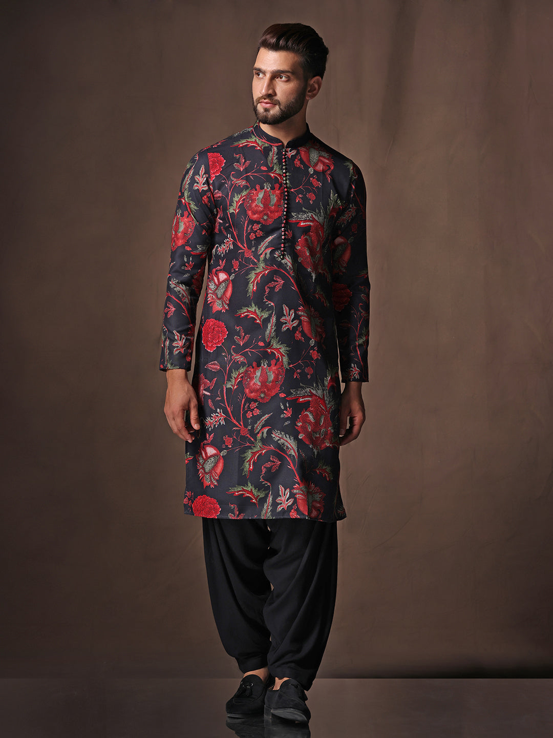Black Silk Blend Printed Kurta Black Patiala | SHOBITAM