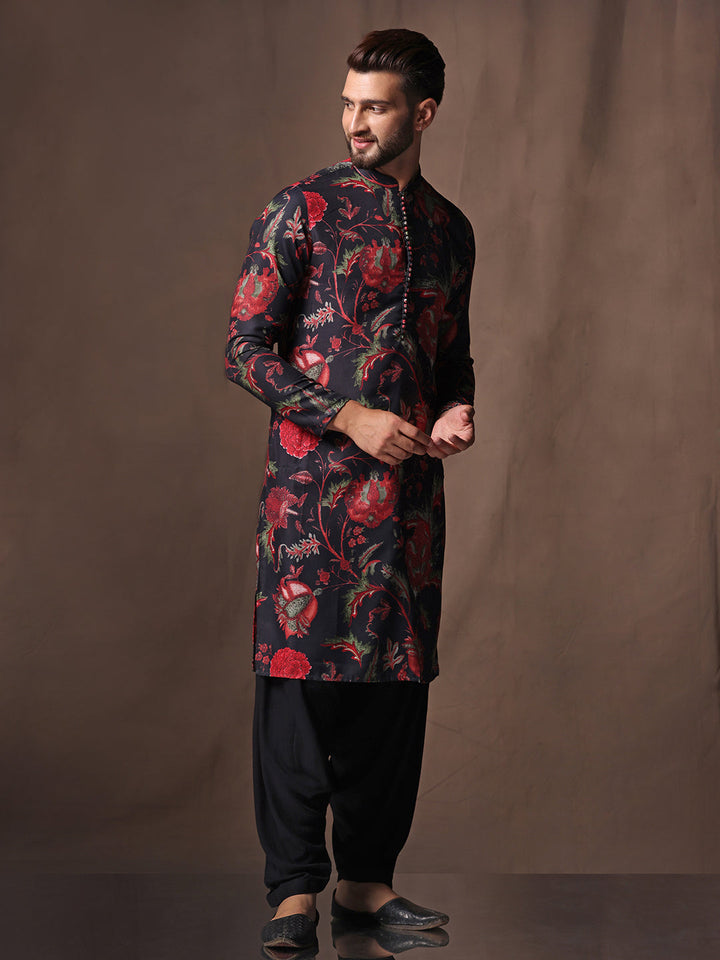 Black Silk Blend Printed Kurta Black Patiala | SHOBITAM