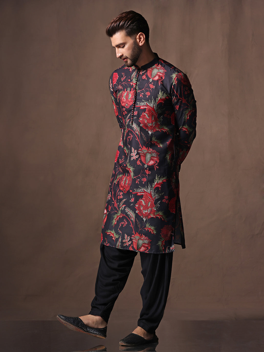 Black Silk Blend Printed Kurta Black Patiala | SHOBITAM