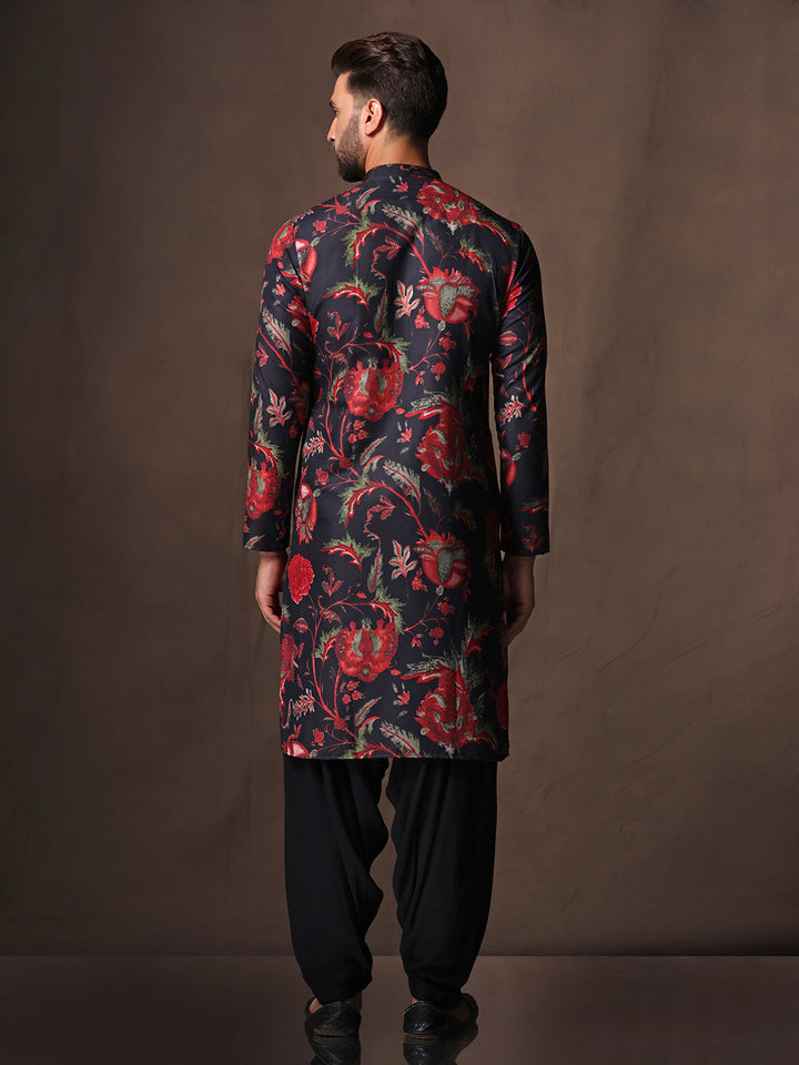 Black Silk Blend Printed Kurta Black Patiala | SHOBITAM