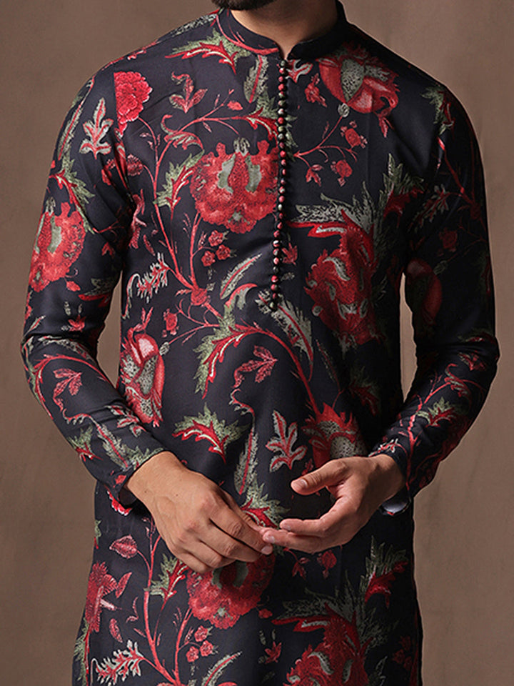 Black Silk Blend Printed Kurta Black Patiala | SHOBITAM