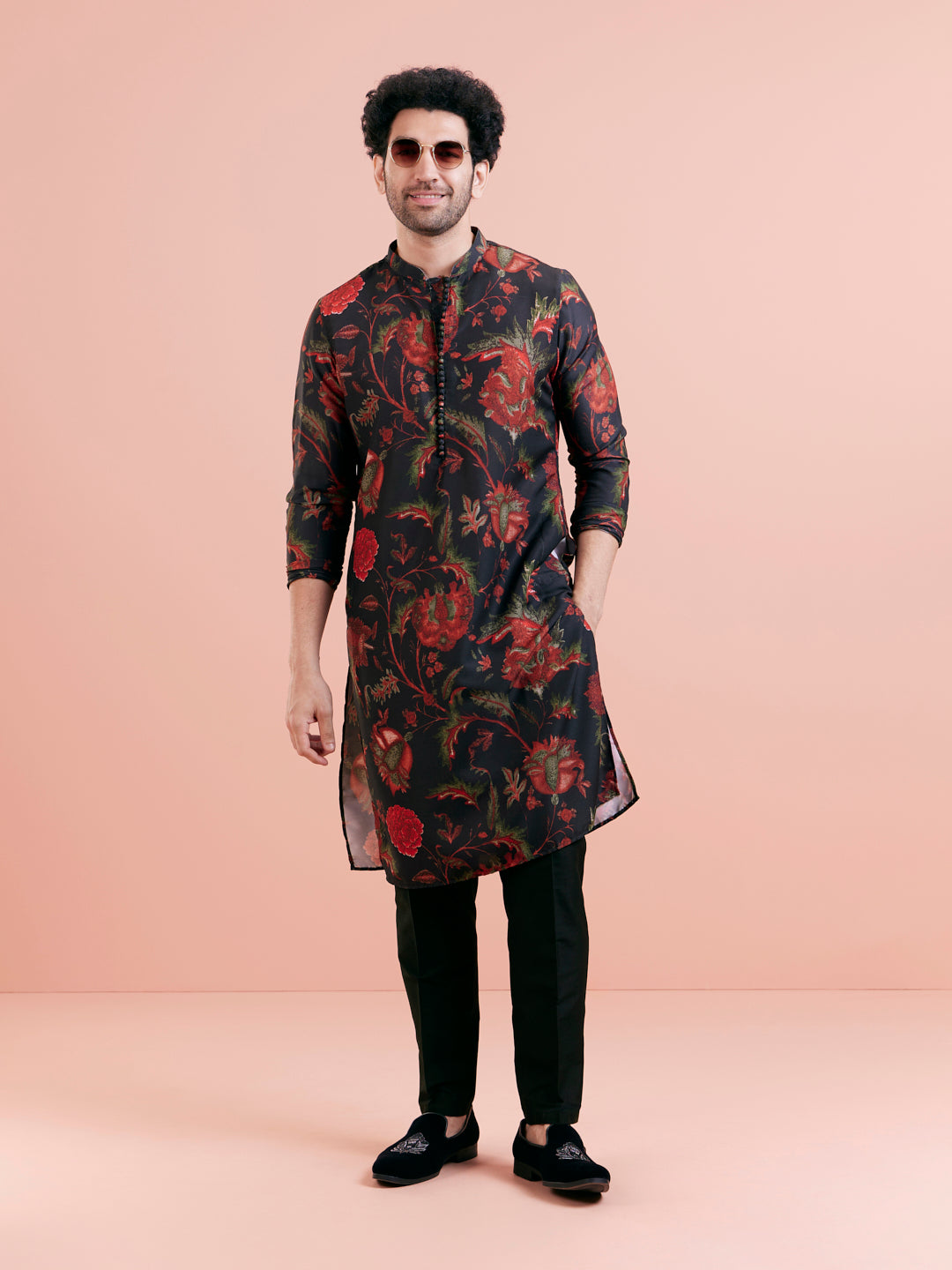 Black Silk Blend Kurta Set with Multicolor Floral Prints and Black Trousers for Festive & Wedding | SHOBITAM