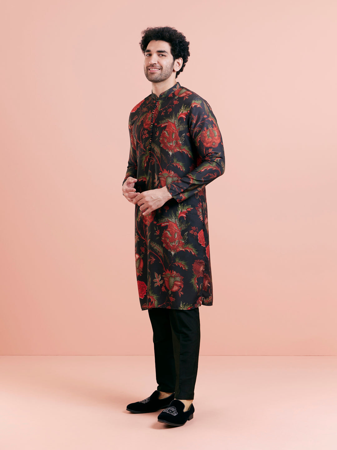 Black Silk Blend Kurta Set with Multicolor Floral Prints and Black Trousers for Festive & Wedding | SHOBITAM