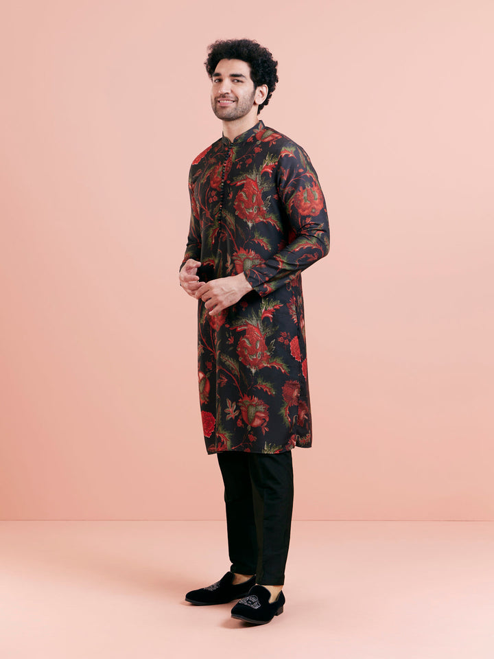 Black Silk Blend Kurta Set with Multicolor Floral Prints and Black Trousers for Festive & Wedding | SHOBITAM