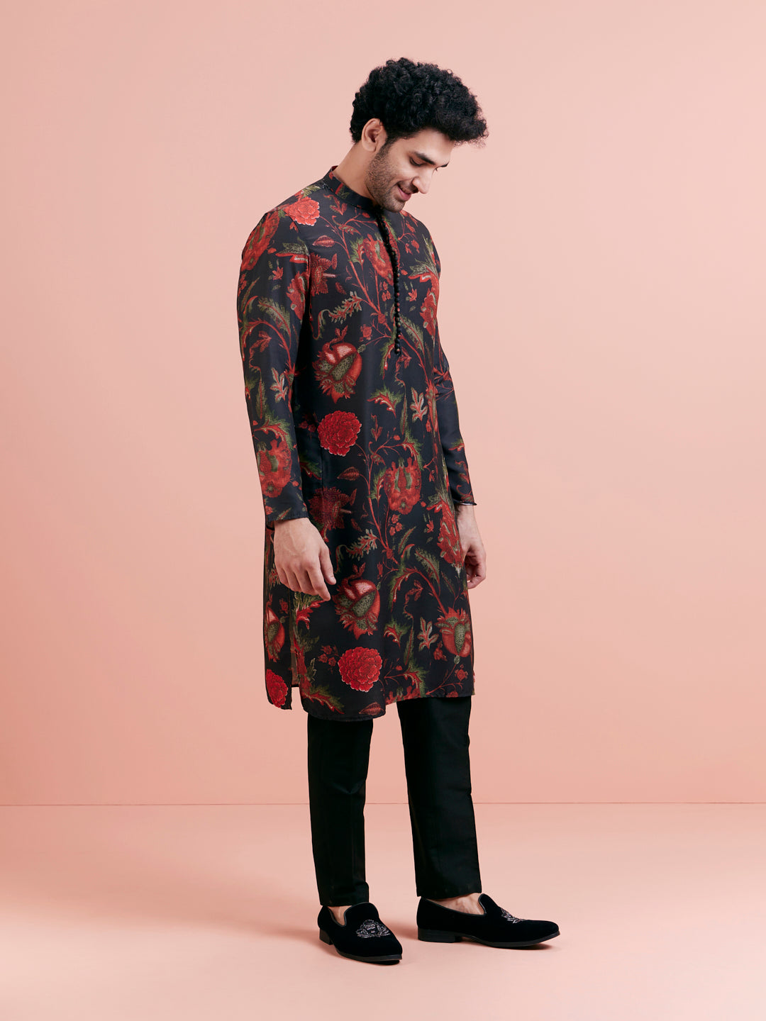 Black Silk Blend Kurta Set with Multicolor Floral Prints and Black Trousers for Festive & Wedding | SHOBITAM
