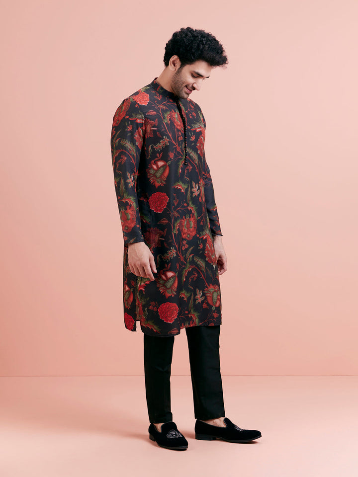Black Silk Blend Kurta Set with Multicolor Floral Prints and Black Trousers for Festive & Wedding | SHOBITAM