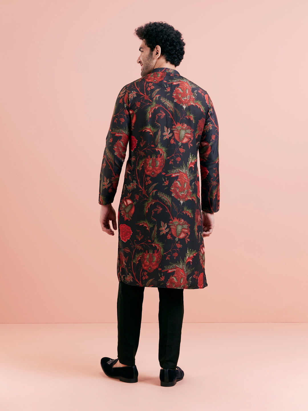 Black Silk Blend Kurta Set with Multicolor Floral Prints and Black Trousers for Festive & Wedding | SHOBITAM