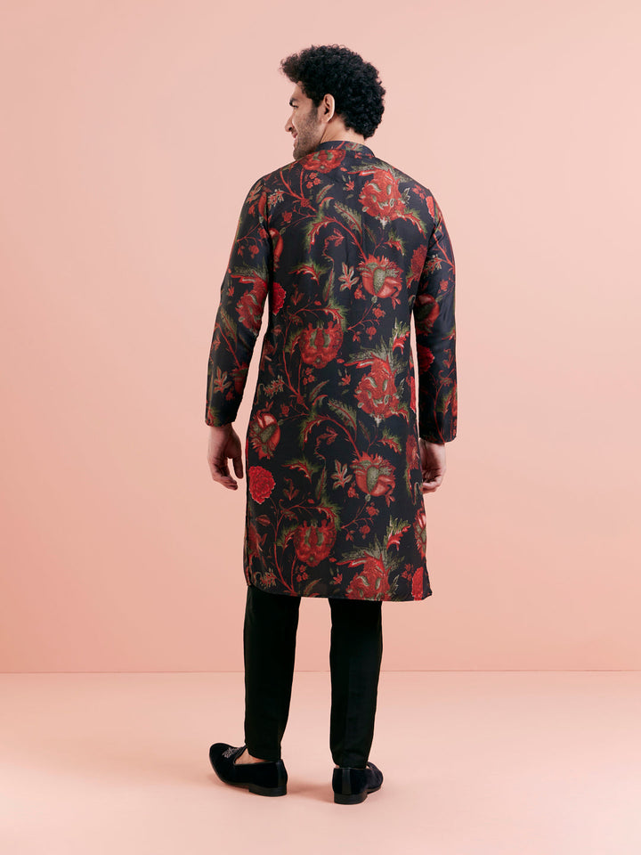 Black Silk Blend Kurta Set with Multicolor Floral Prints and Black Trousers for Festive & Wedding | SHOBITAM