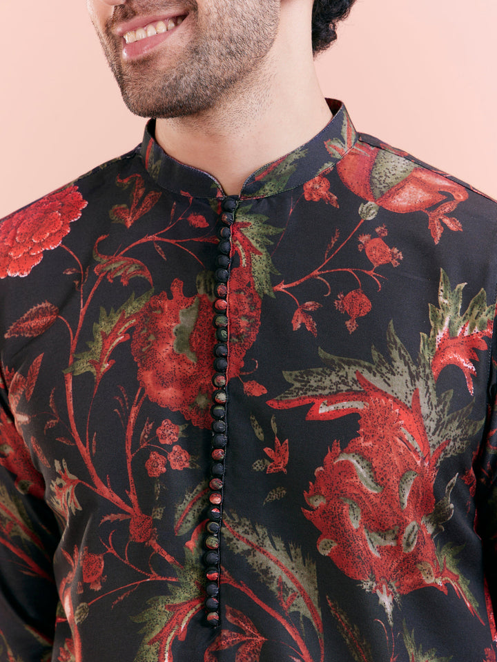 Black Silk Blend Kurta Set with Multicolor Floral Prints and Black Trousers for Festive & Wedding | SHOBITAM