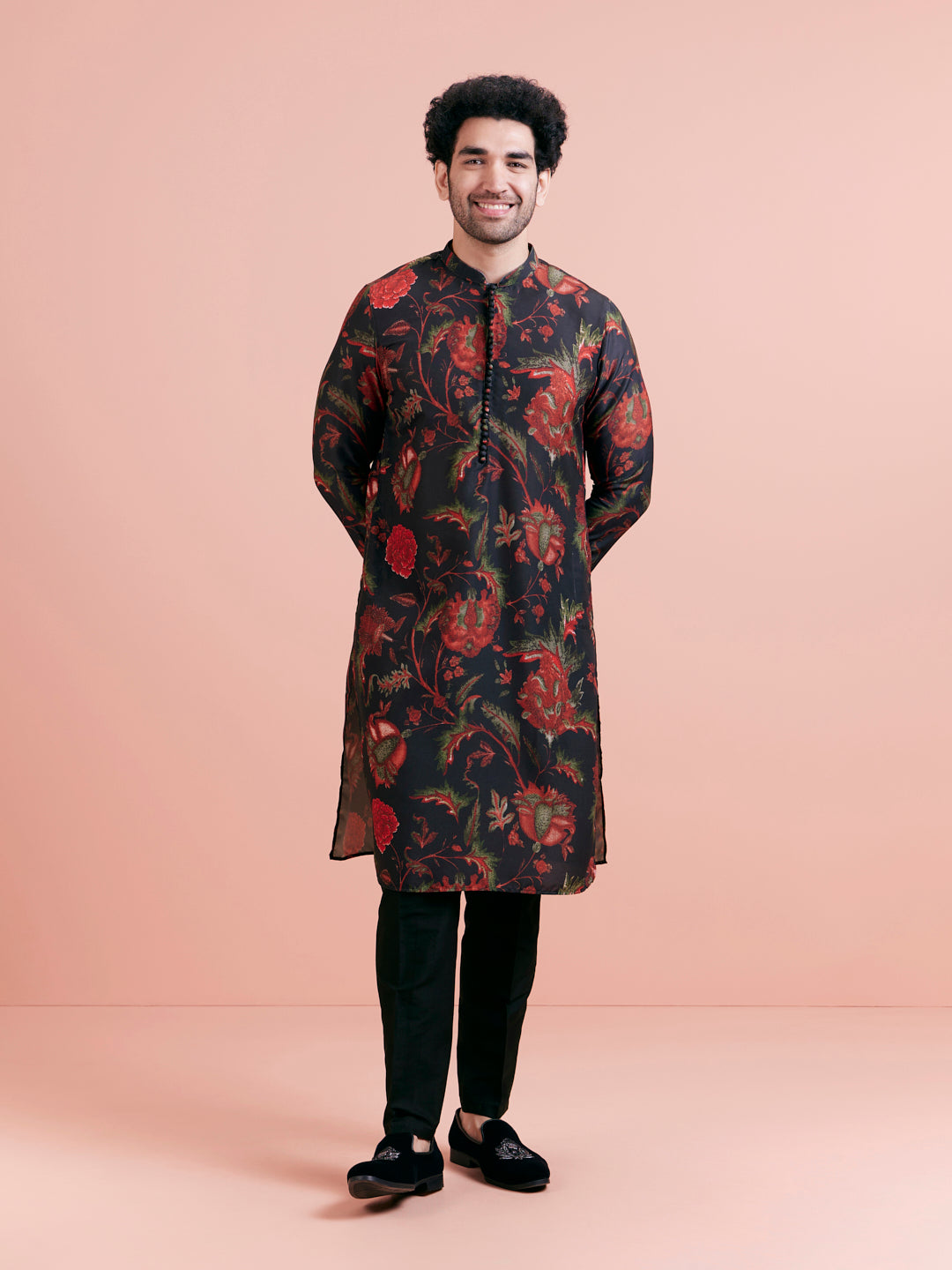 Black Silk Blend Kurta Set with Multicolor Floral Prints and Black Trousers for Festive & Wedding | SHOBITAM