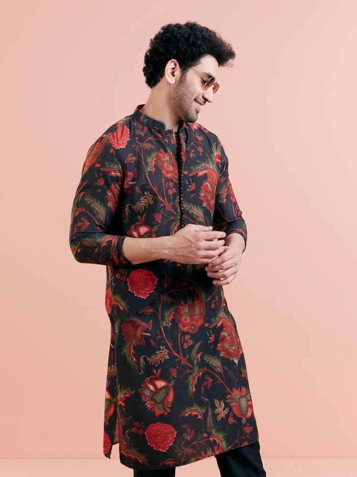 Black Silk Blend Kurta Set with Multicolor Floral Prints and Black Trousers for Festive & Wedding | SHOBITAM