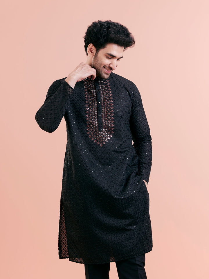 Black Cotton Blend Mirror Work Kurta | SHOBITAM