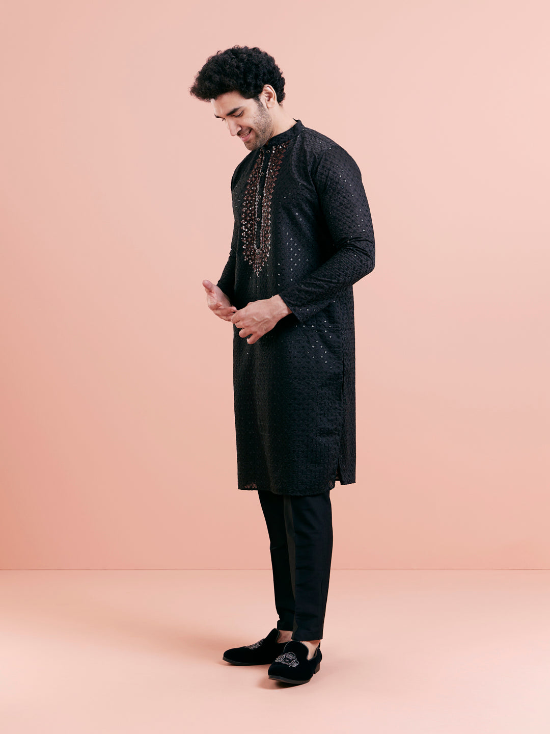 Black Cotton Blend Mirror Work Kurta | SHOBITAM