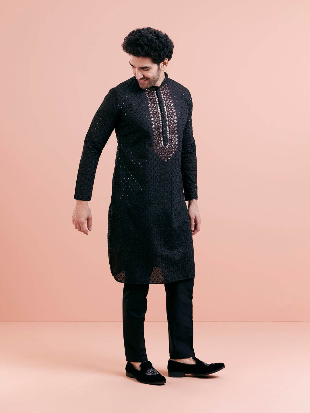 Black Cotton Blend Mirror Work Kurta | SHOBITAM