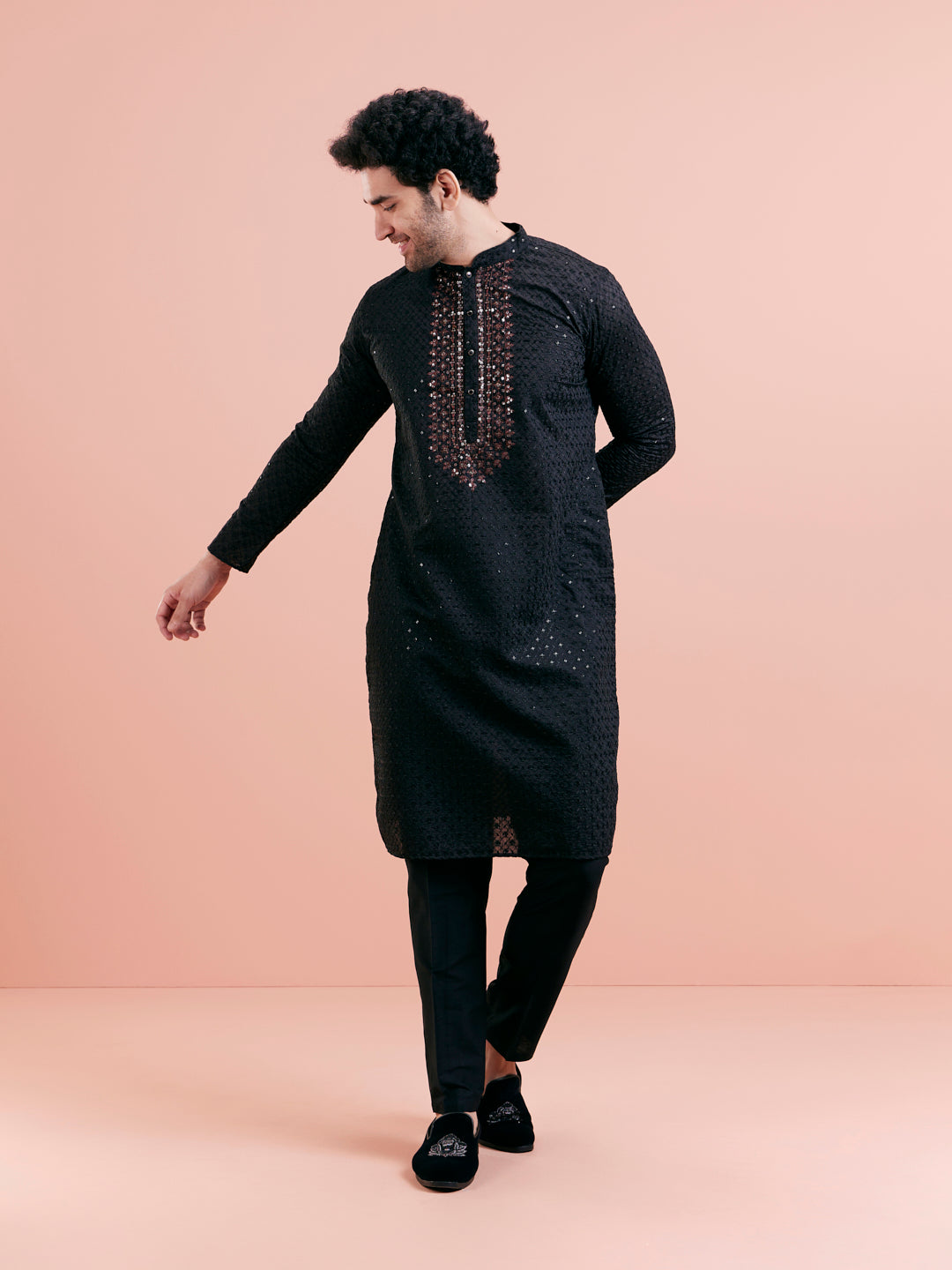 Black Cotton Blend Mirror Work Kurta | SHOBITAM