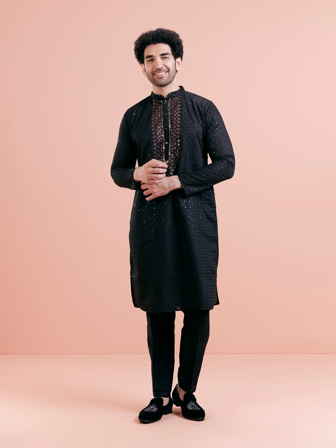 Black Cotton Blend Mirror Work Kurta | SHOBITAM