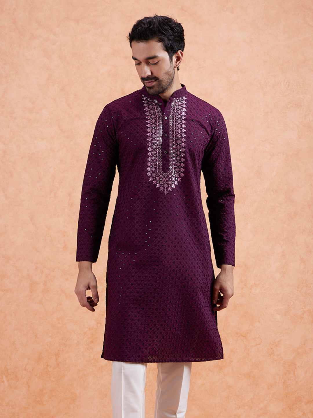 Wine Embroidered Silk Blend Kurta | SHOBITAM