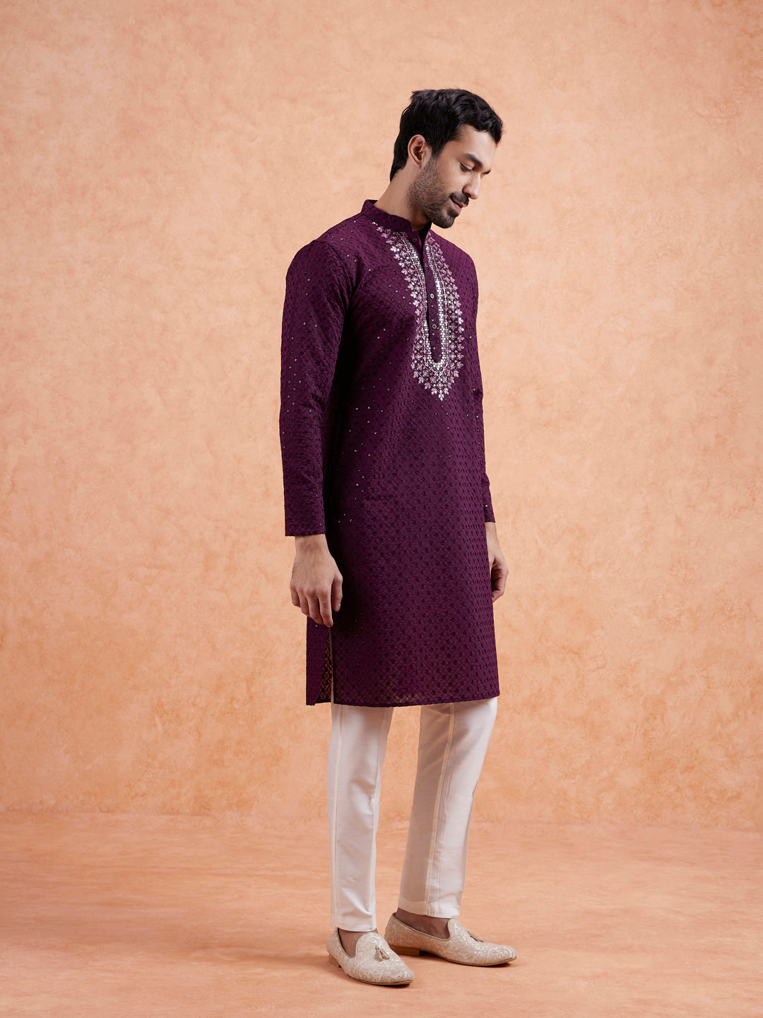 Wine Embroidered Silk Blend Kurta | SHOBITAM