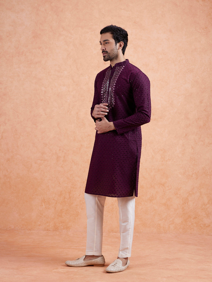 Wine Embroidered Silk Blend Kurta | SHOBITAM