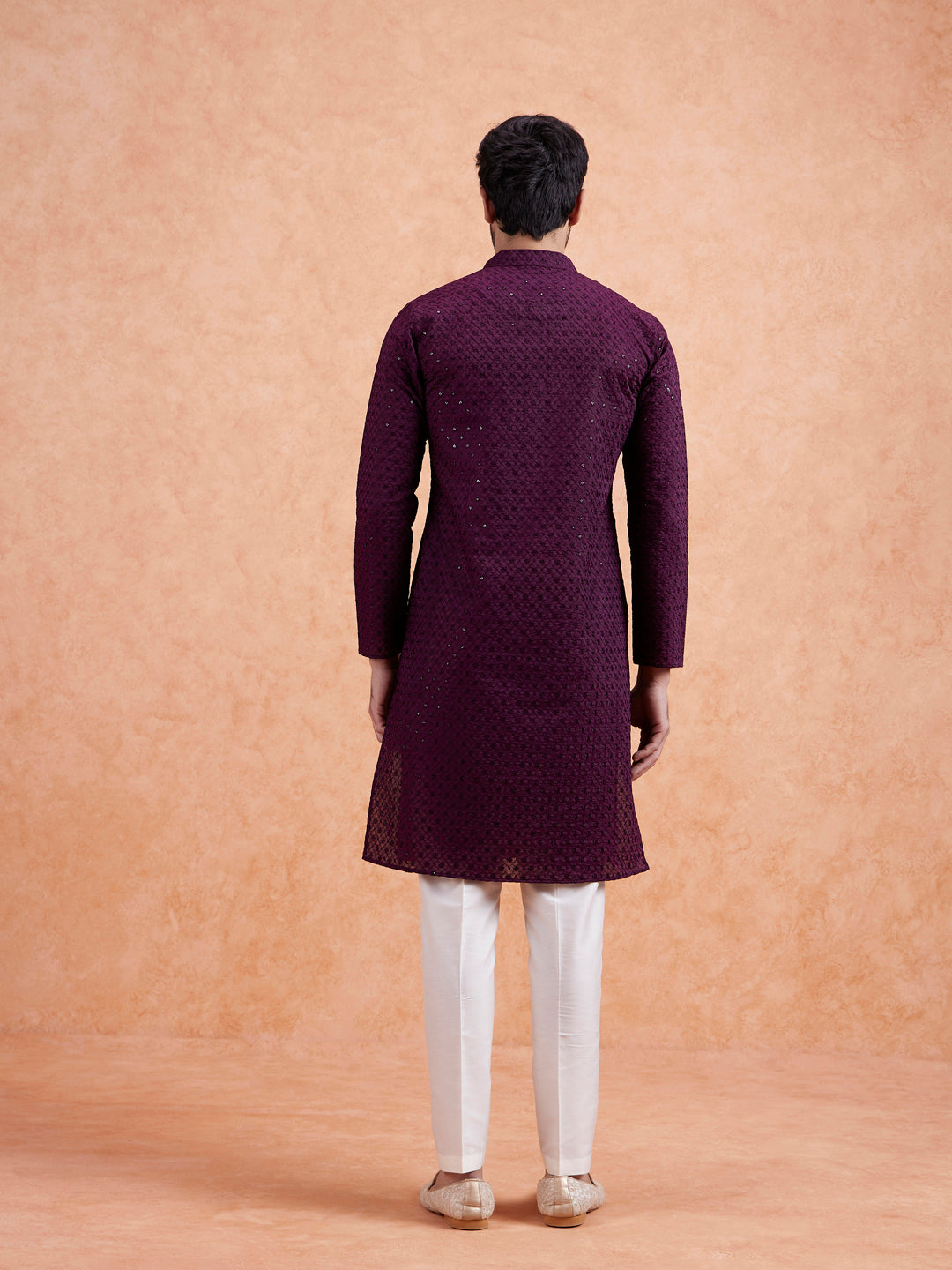 Wine Embroidered Silk Blend Kurta | SHOBITAM