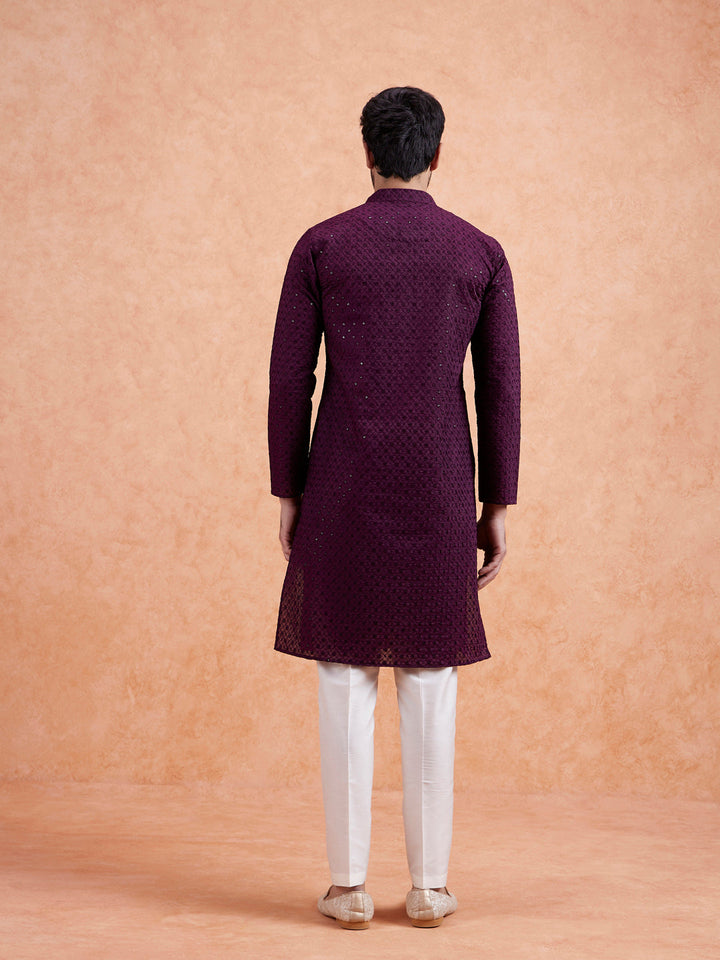 Wine Embroidered Silk Blend Kurta | SHOBITAM
