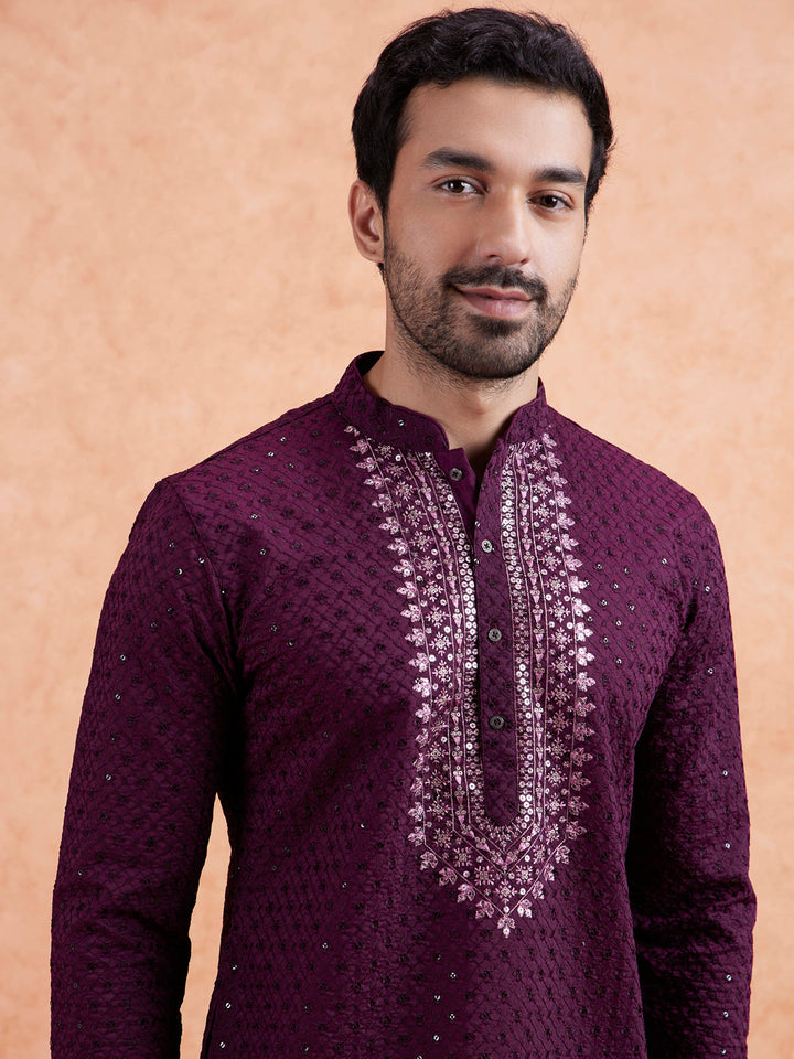 Wine Embroidered Silk Blend Kurta | SHOBITAM