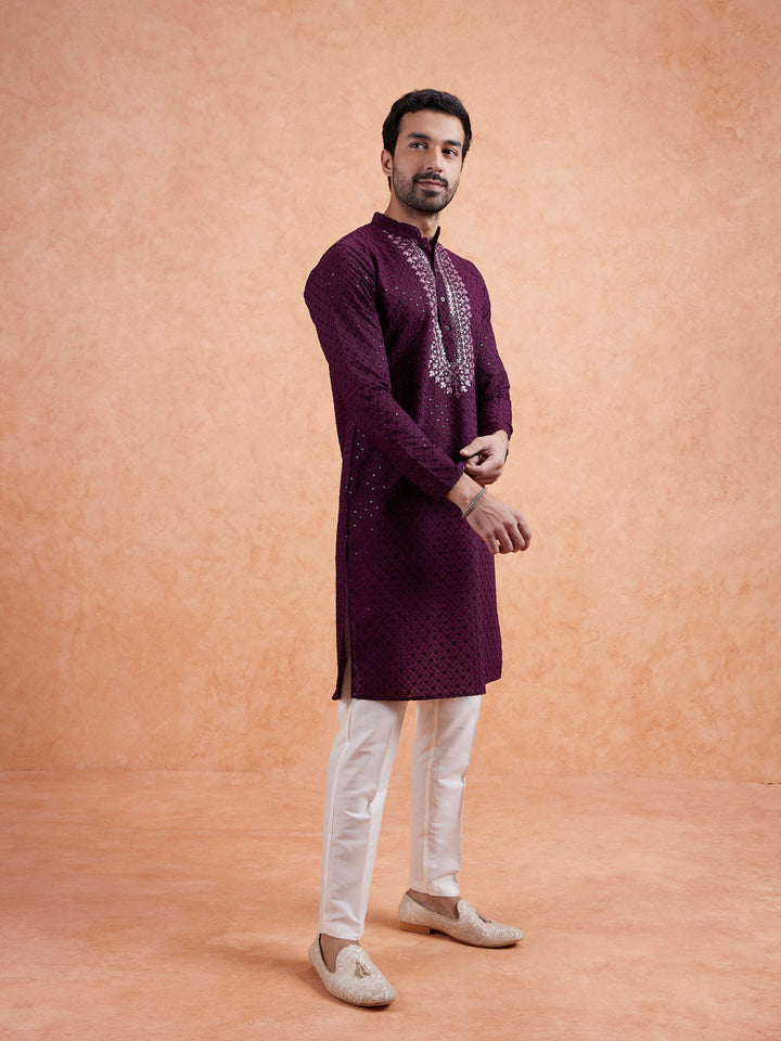 Wine Embroidered Silk Blend Kurta | SHOBITAM
