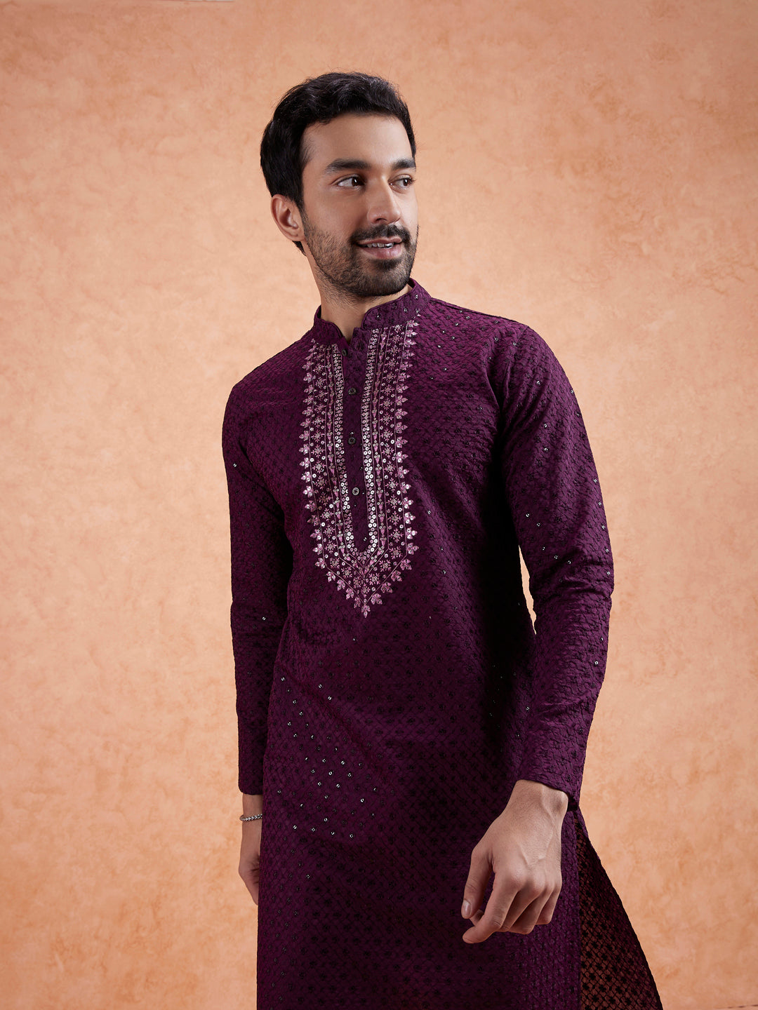 Wine Embroidered Silk Blend Kurta | SHOBITAM