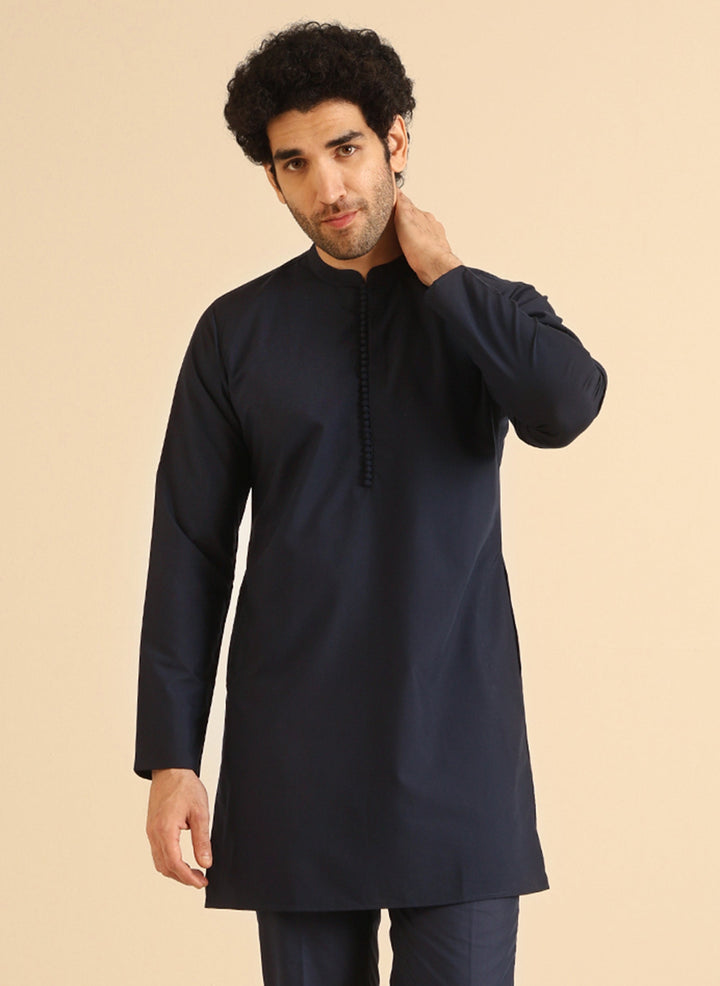 Navy Blue Cotton Silk Mid Kurta | SHOBITAM