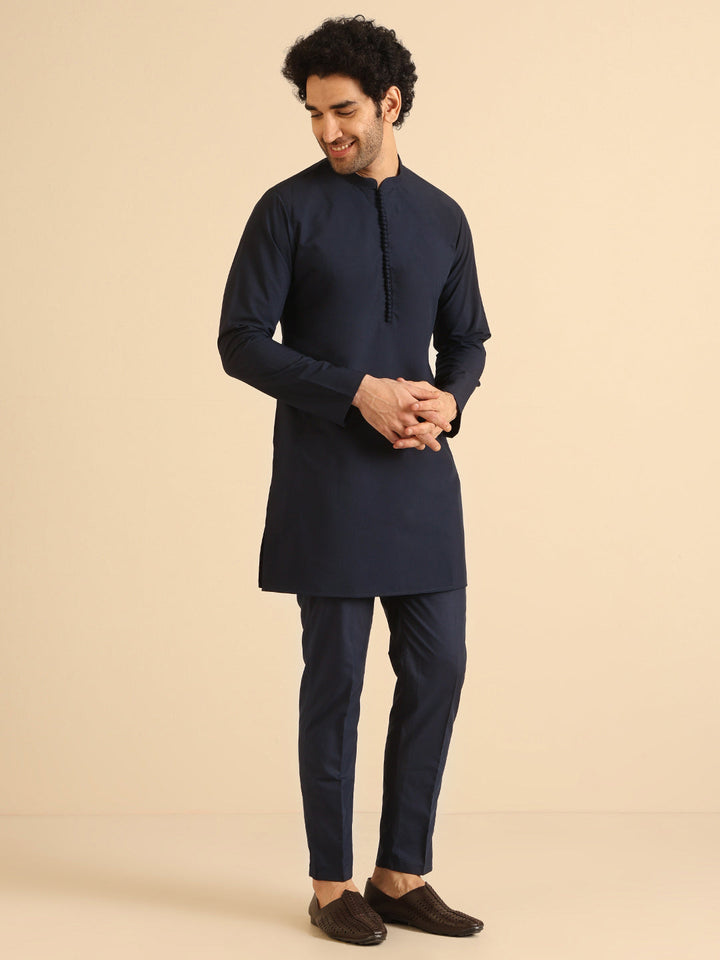 Navy Blue Cotton Silk Mid Kurta | SHOBITAM