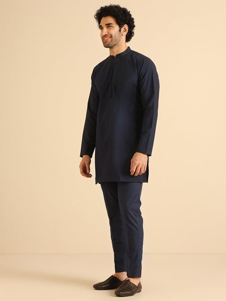 Navy Blue Cotton Silk Mid Kurta | SHOBITAM