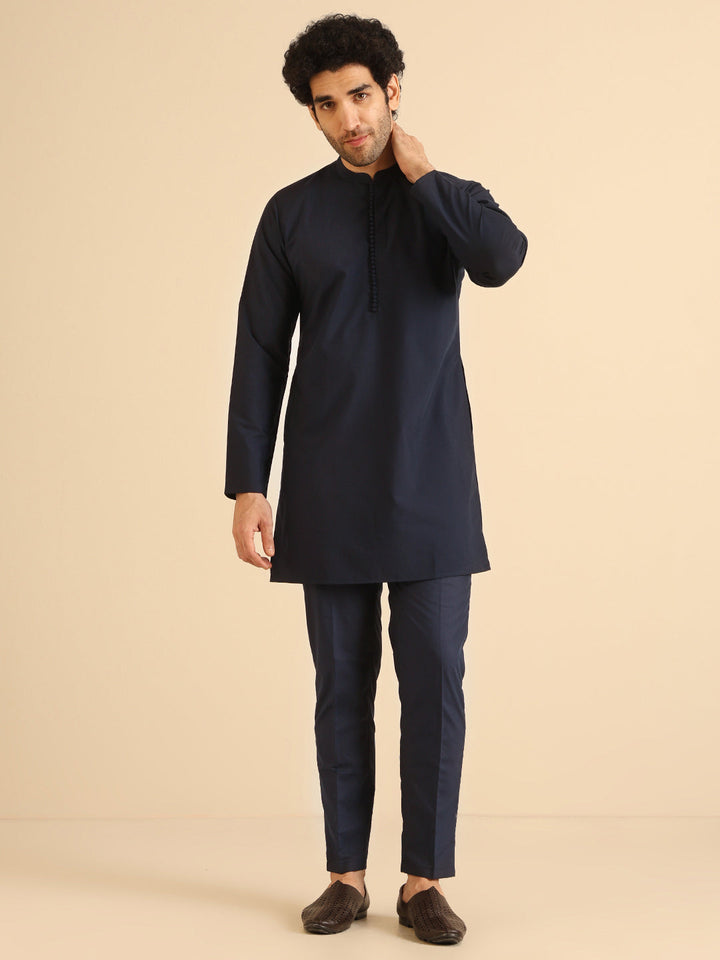 Navy Blue Silk Blend Solid Mid Kurta Trouser Set | SHOBITAM