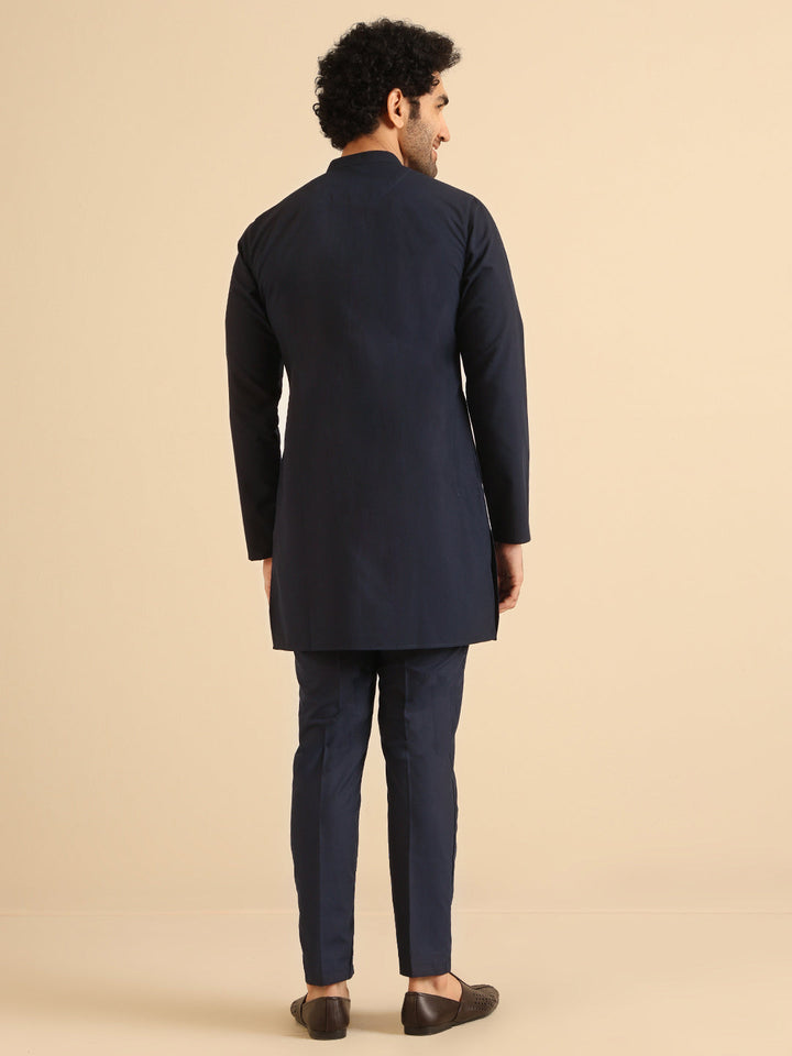 Navy Blue Silk Blend Solid Mid Kurta Trouser Set | SHOBITAM