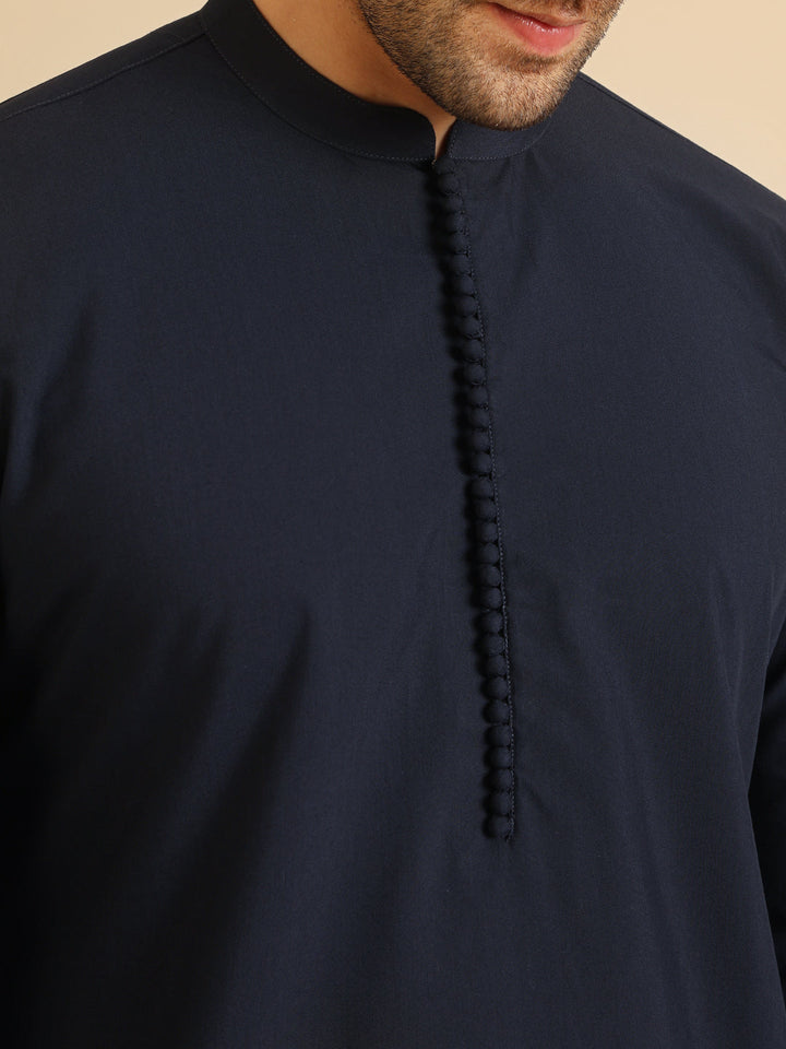 Navy Blue Silk Blend Solid Mid Kurta Trouser Set | SHOBITAM