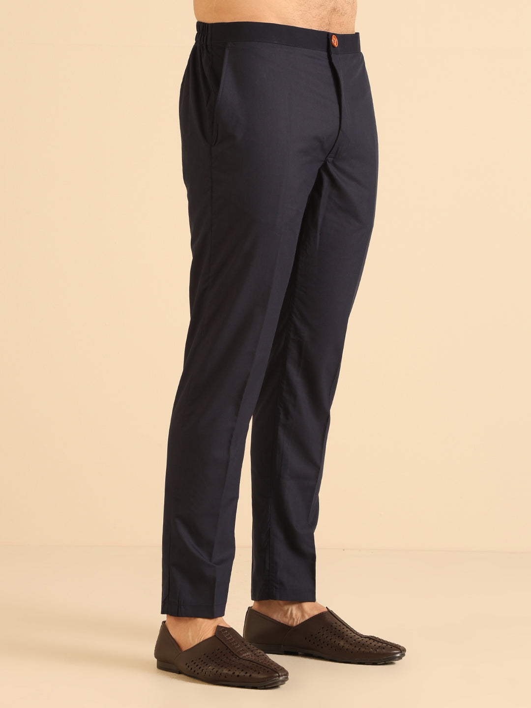 Navy Blue Silk Blend Solid Mid Kurta Trouser Set | SHOBITAM